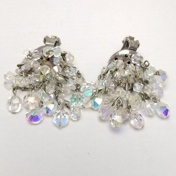 Vintage Hobe Beaded Clear Glass AB Fringe Dangle Clip On Earrings, Signed - Picture 6 of 7